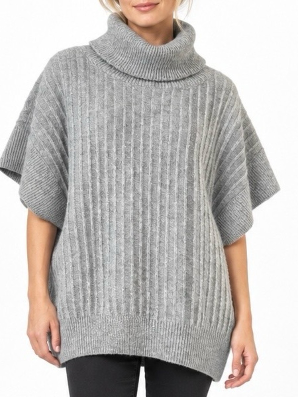 Gracia Gray Ribbed Turtleneck Poncho Sweater Large Quiet Luxury Oversized Knit
